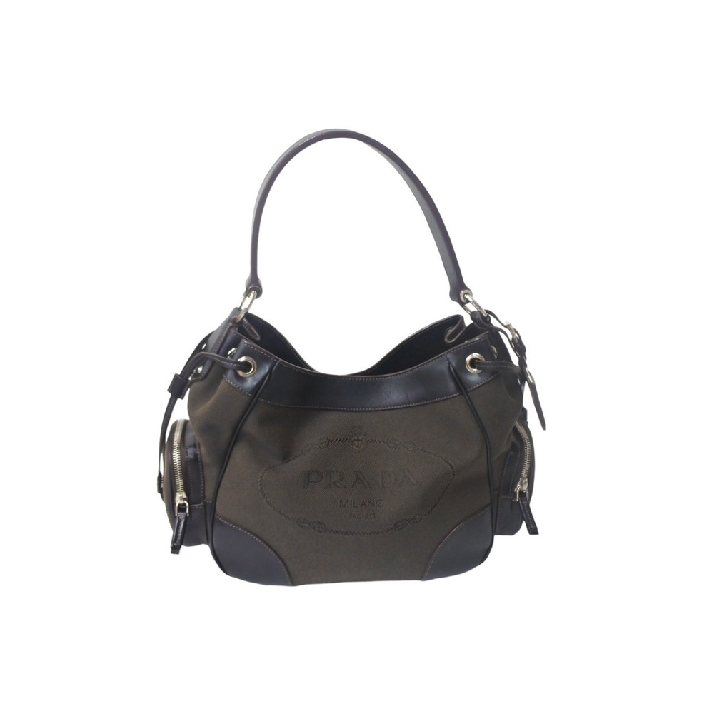 PRADA logo jacquard handbag One Shoulder Hobo bag leather canvas brown black